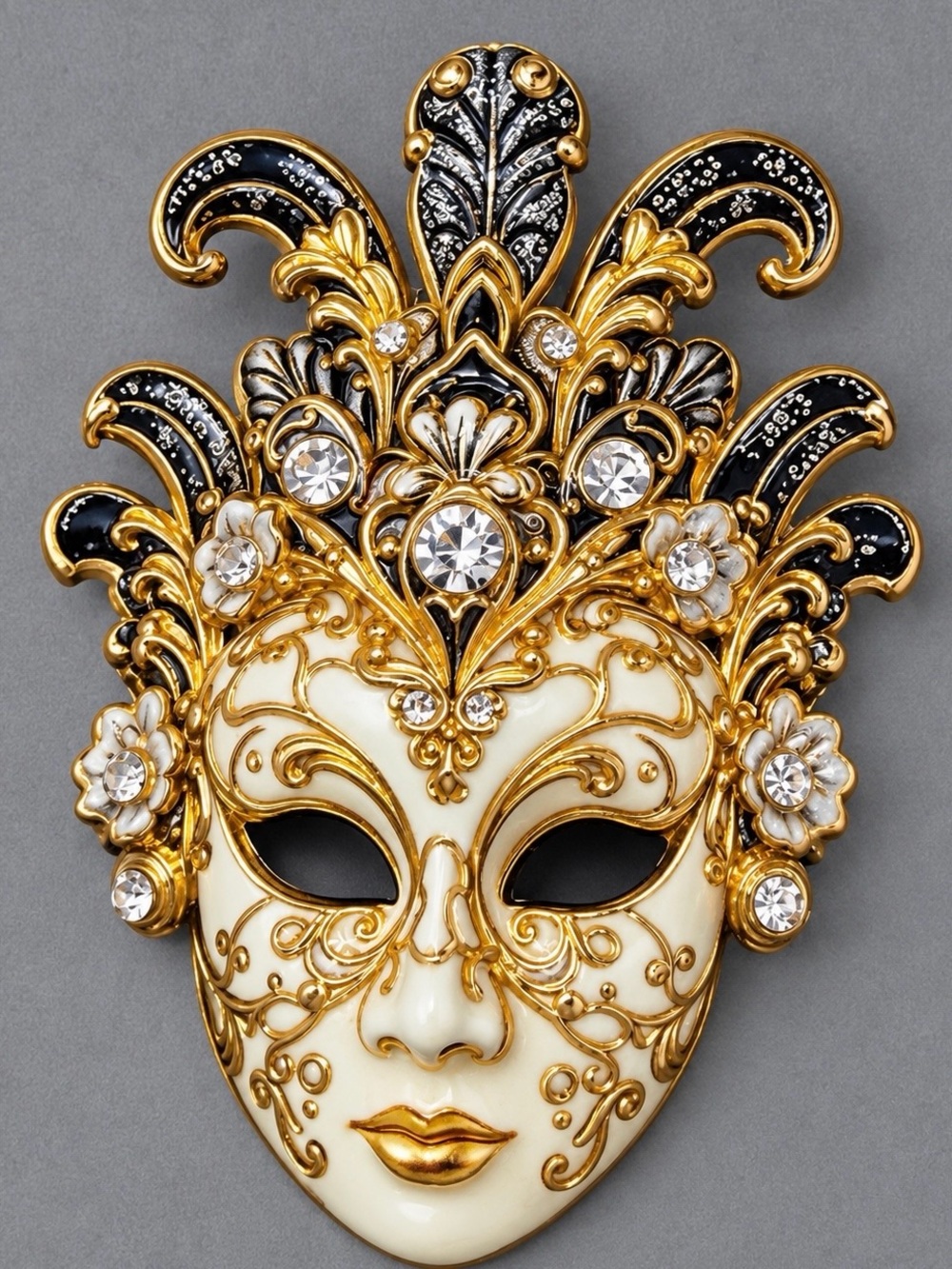 Ornate Gold & Black Venetian Mask brooch #cz547